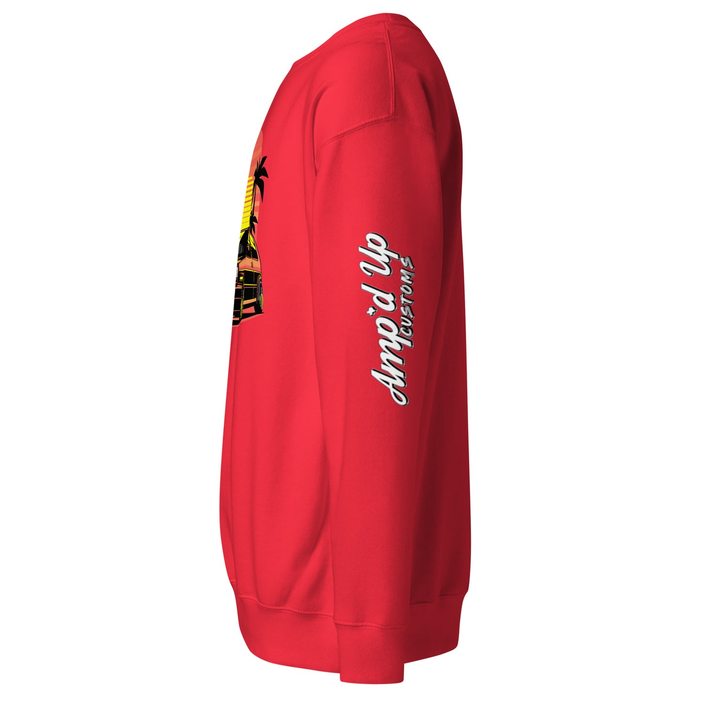 Red Sunset Volkswagen Sweatshirt by Amp'd Up Custom featuring vibrant sunset design and logo