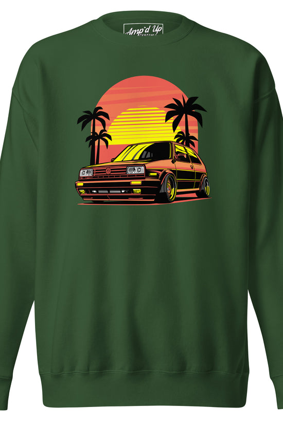 Sunset Volkswagen Sweatshirt in Green featuring a retro car and palm trees against a sunset background