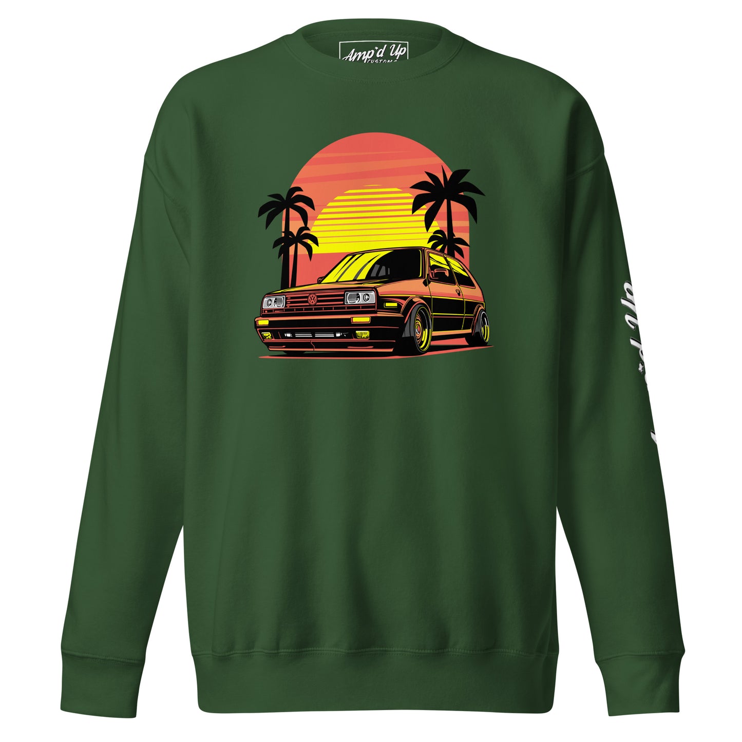 Sunset Volkswagen Sweatshirt in Green featuring a retro car and palm trees against a sunset background