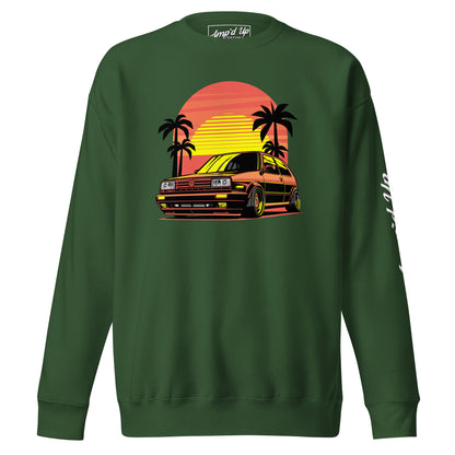 Sunset Volkswagen Sweatshirt in Green featuring a retro car and palm trees against a sunset background