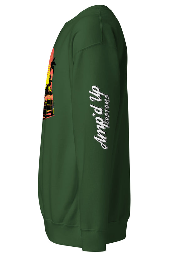 Green Sunset Volkswagen Sweatshirt from Amp'd Up Custom featuring vibrant sunset design and palm trees