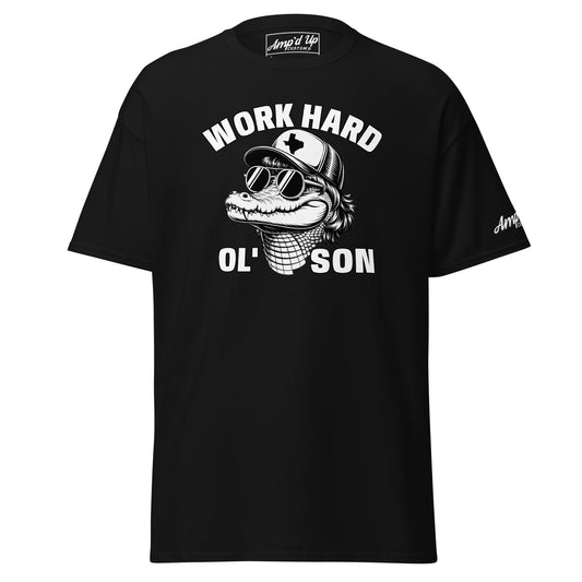 Black Work Hard Ol' Son T-Shirt by Amp'd Up Custom with alligator graphic wearing a hat and sunglasses