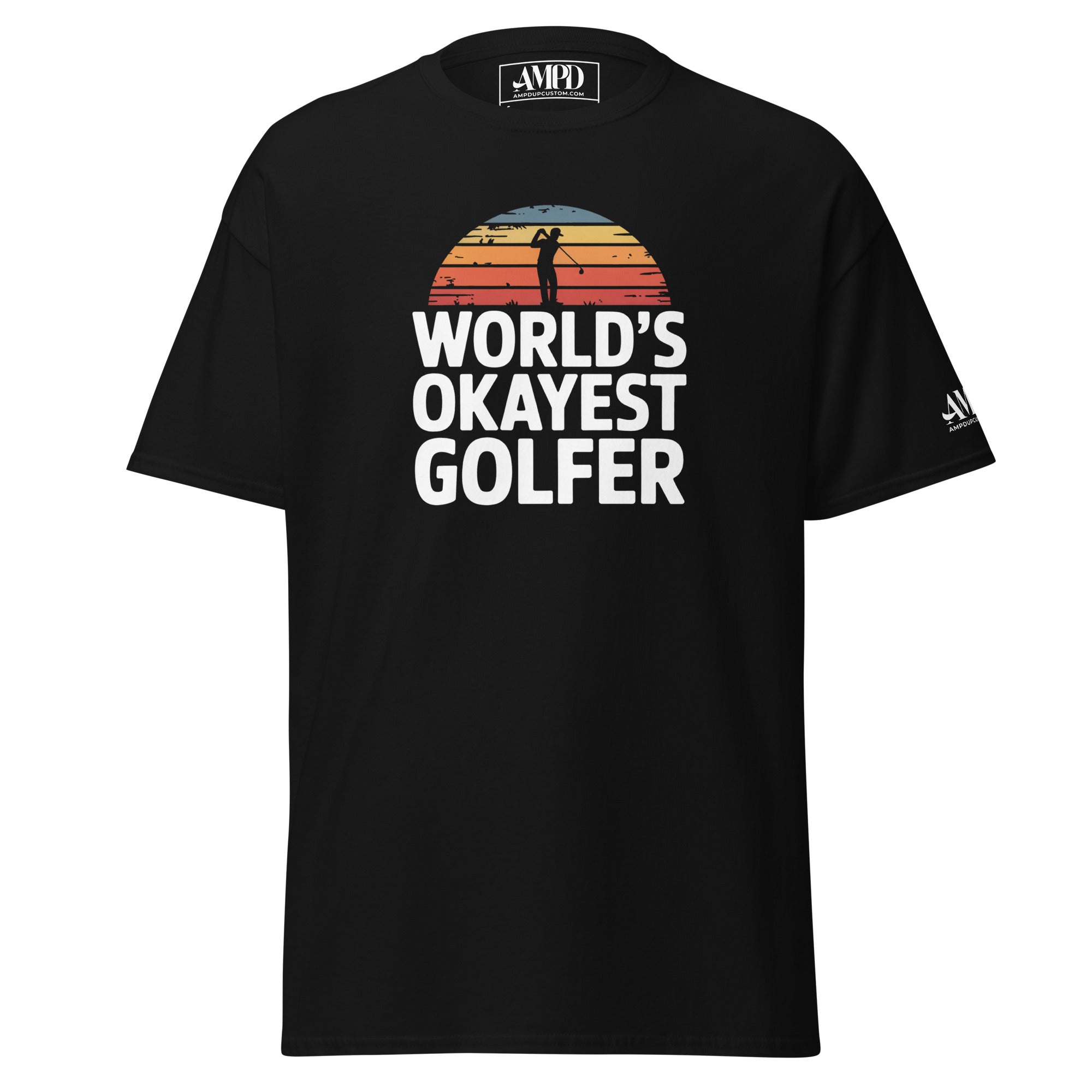 World's Okayest Golfer T-Shirt Hilarious Gift for Golf Fans & Enthusiasts in Black with Sunset Design