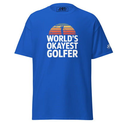 Blue World's Okayest Golfer T-Shirt Hilarious Gift for Golf Fans & Enthusiasts featuring a sunset design