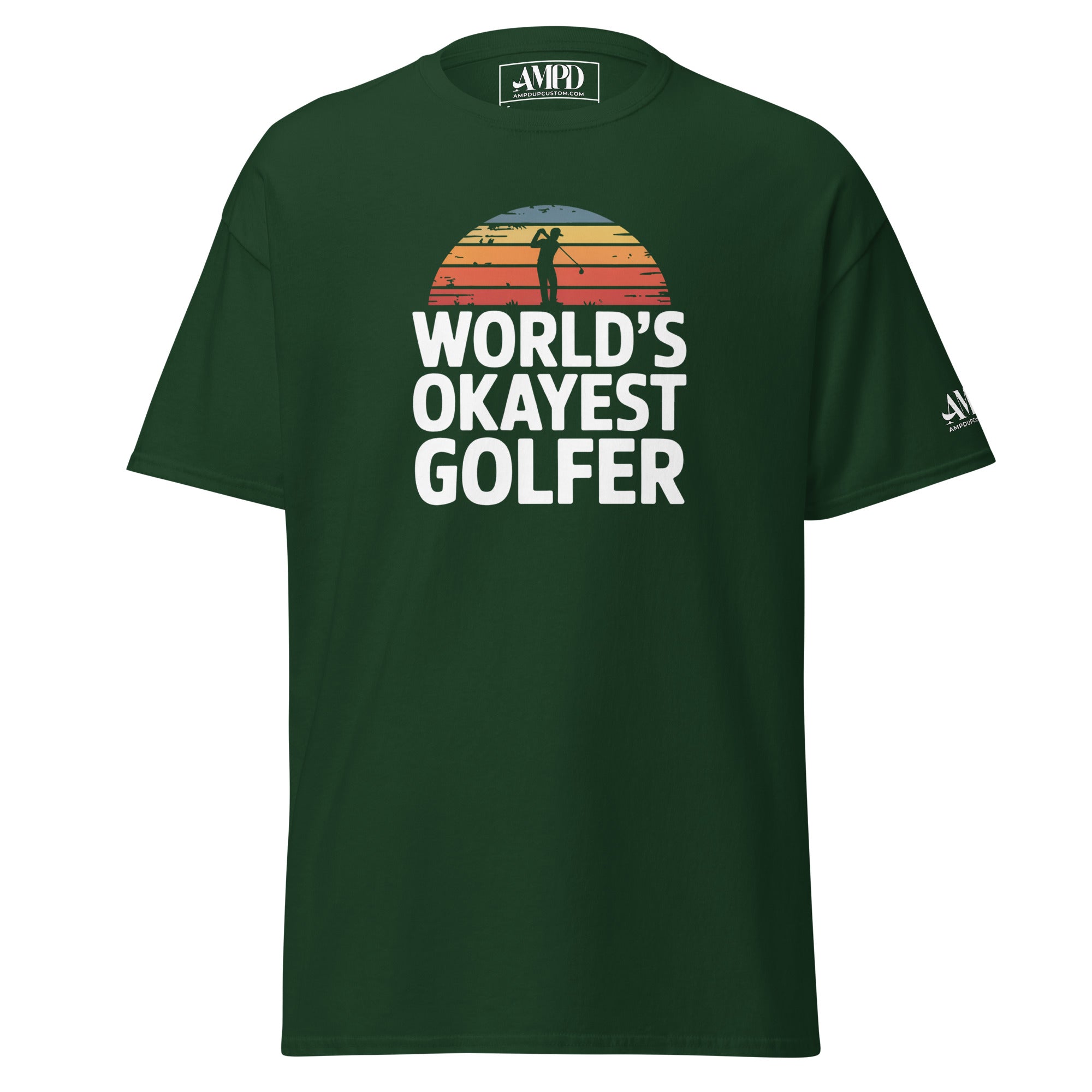 Green World's Okayest Golfer T-Shirt with Sunset Graphic for Hilarious Gift for Golf Fans & Enthusiasts