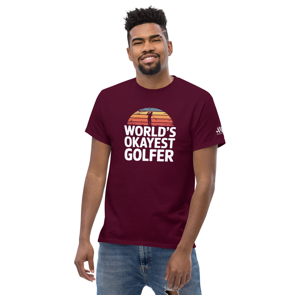 Maroon World's Okayest Golfer T-Shirt Hilarious Gift for Golf Fans & Enthusiasts with Fun Print