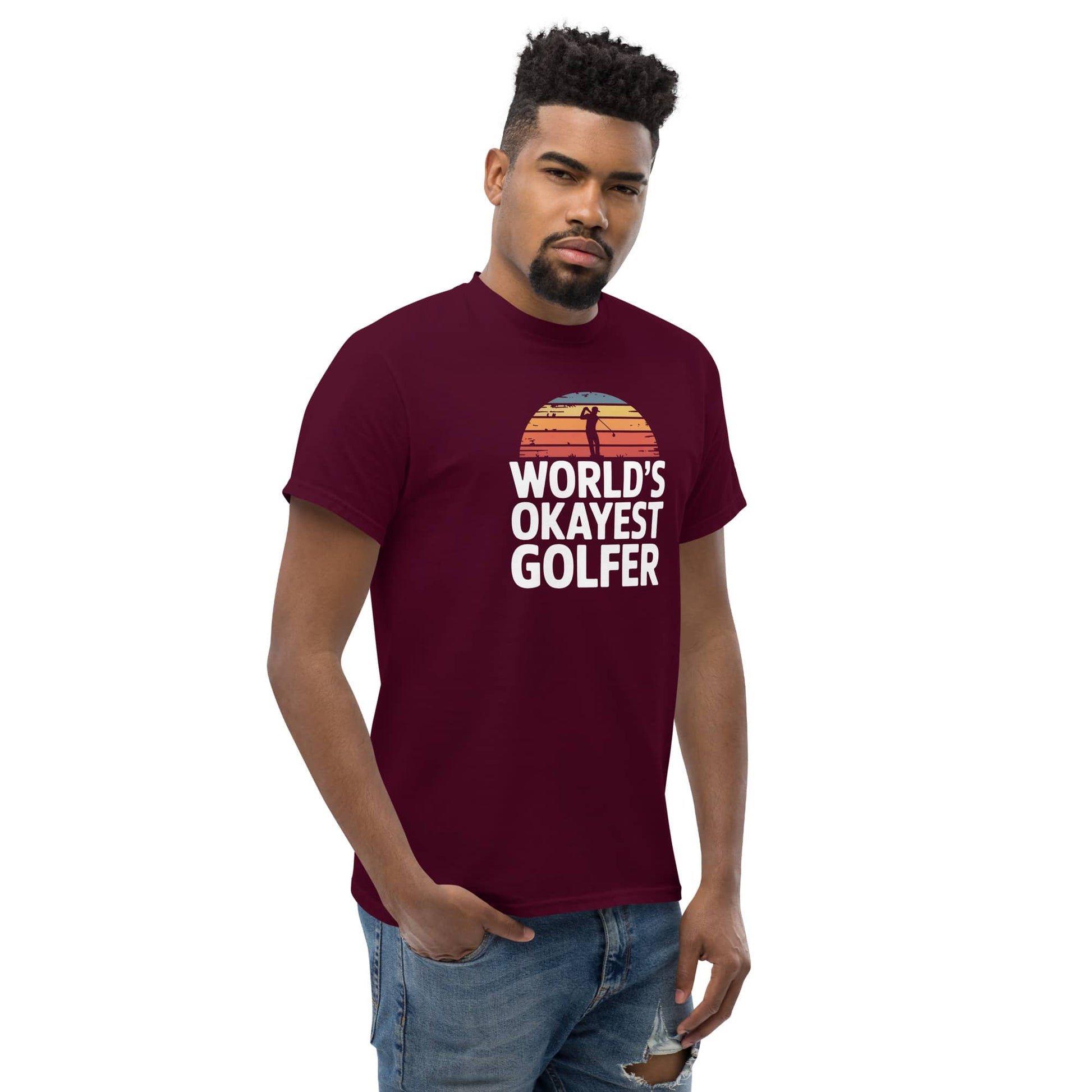 Man wearing a maroon World's Okayest Golfer T-Shirt, a hilarious gift for golf fans and enthusiasts