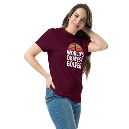 Maroon World's Okayest Golfer T-Shirt Hilarious Gift for Golf Fans & Enthusiasts with a fun design