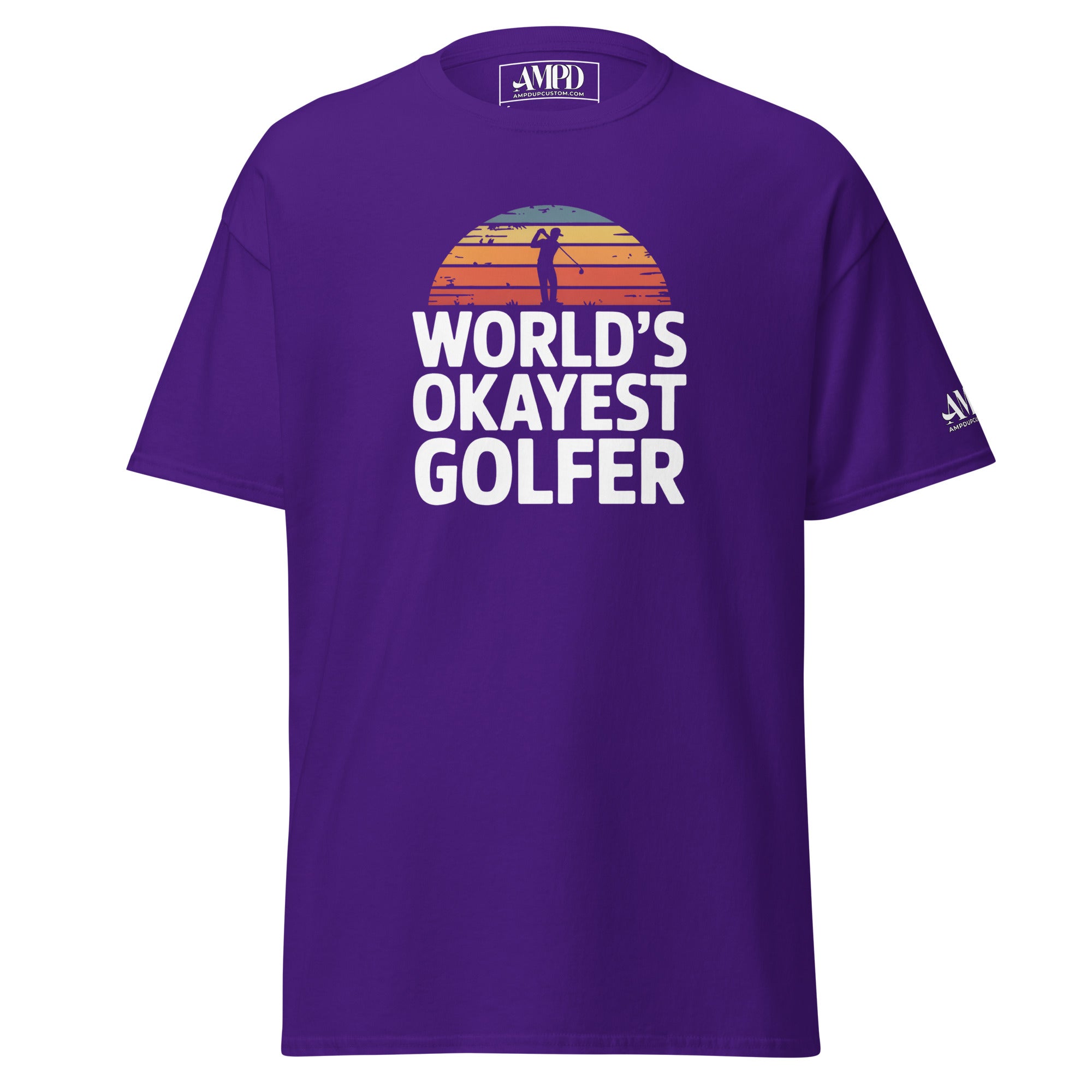 Purple World's Okayest Golfer T-Shirt Hilarious Gift for Golf Fans & Enthusiasts with Vibrant Sunset Design