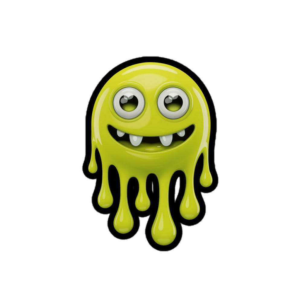 Yellow fluorescent monster sticker featuring a playful monster with big eyes and dripping slime