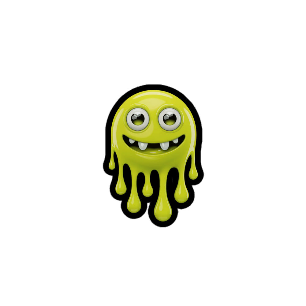 Yellow fluorescent monster sticker featuring a smiling, gooey character with big eyes and fangs